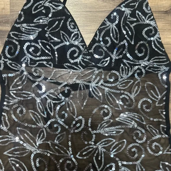 Black Sequin Halter Mesh Tank Top - Picture 3 of 4